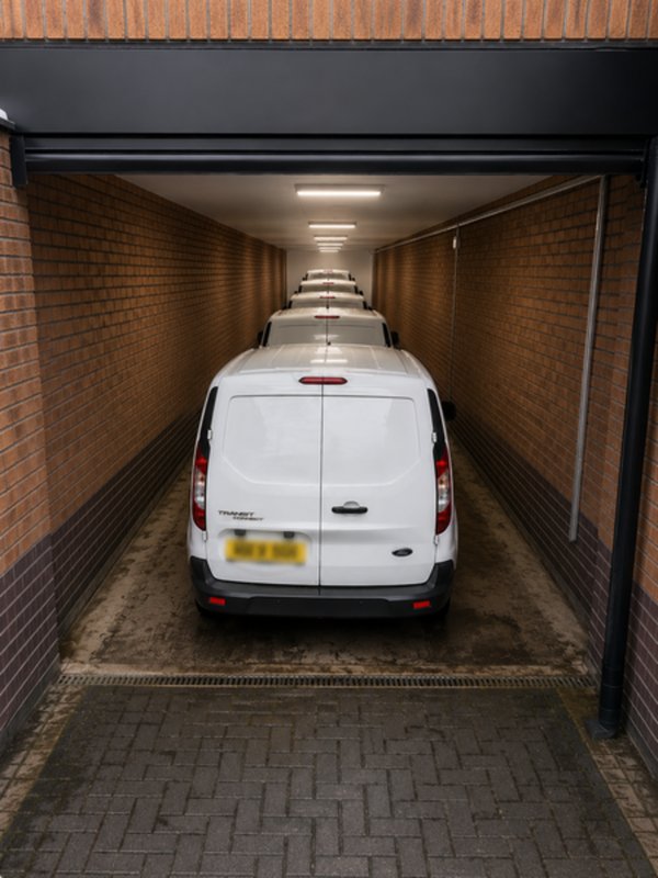 Covered garage or carport with white van parked inside, brick walls and ceiling lights