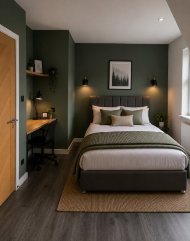 Modern bedroom with double bed, dark green walls, wooden desk, pendant lights and framed artwork