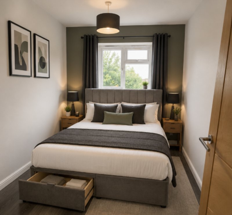 Modern bedroom with double bed, grey headboard, wooden bedside tables, and window with dark curtains