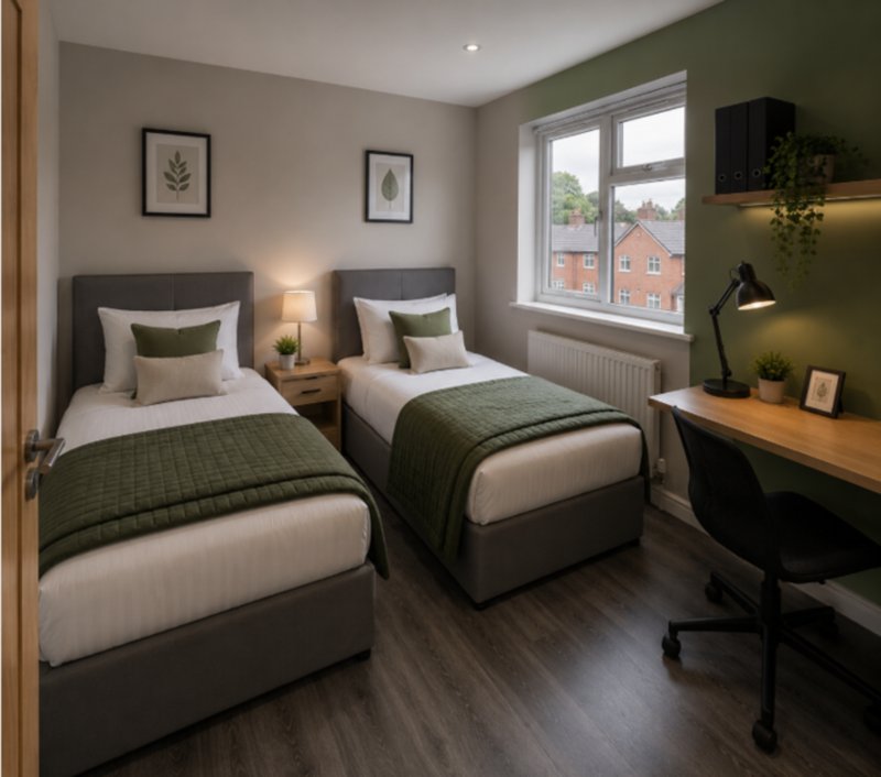 Twin bedroom with two single beds, desk, chair, bedside lamps and large window