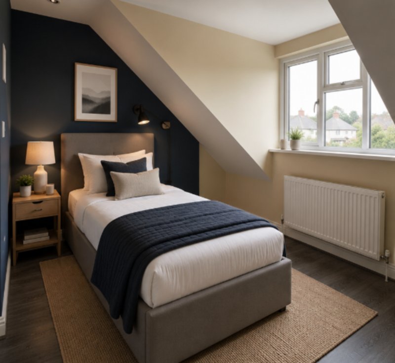 Modern bedroom with single bed, dark feature wall, wooden nightstand and large window