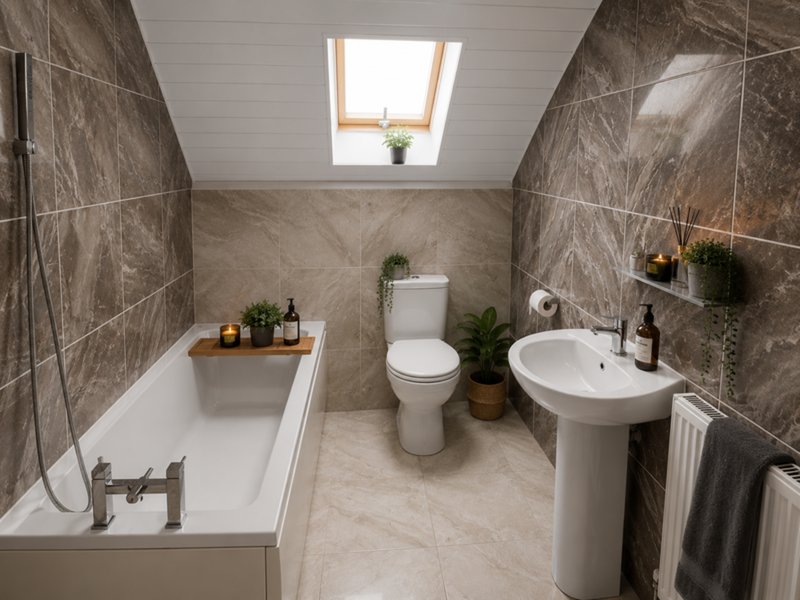 Modern bathroom with bathtub, toilet, pedestal sink, skylight and tiled walls