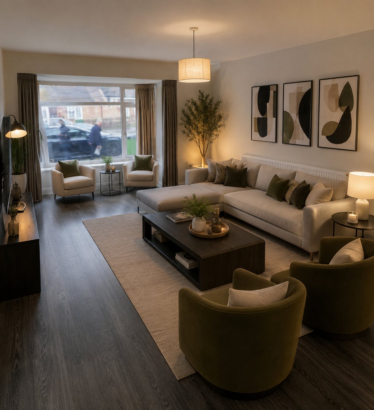 Modern living room with sofas, armchairs, coffee table, and large windows overlooking street