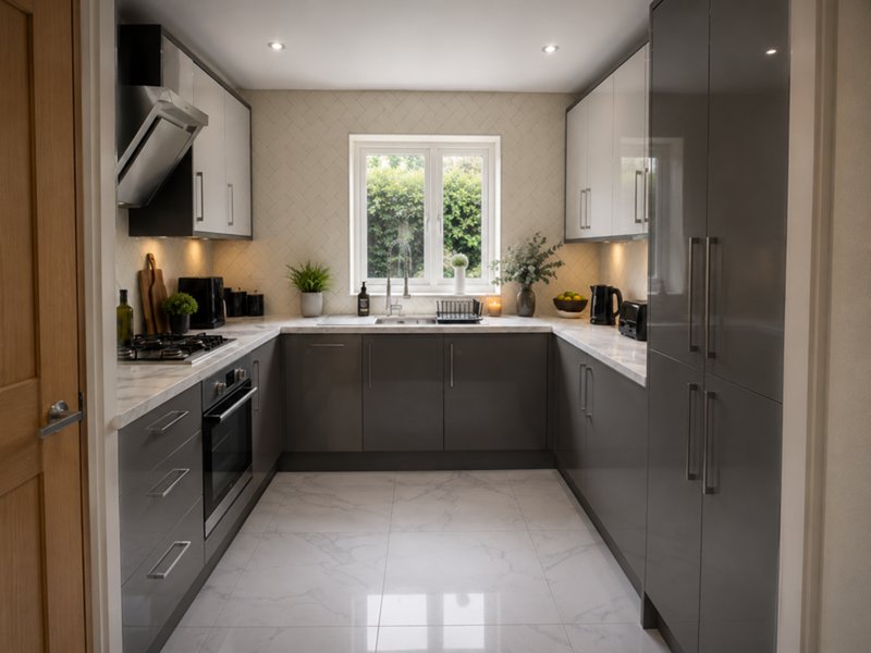 Modern kitchen with dark grey cabinetry, marble countertops, stainless steel appliances and double windows