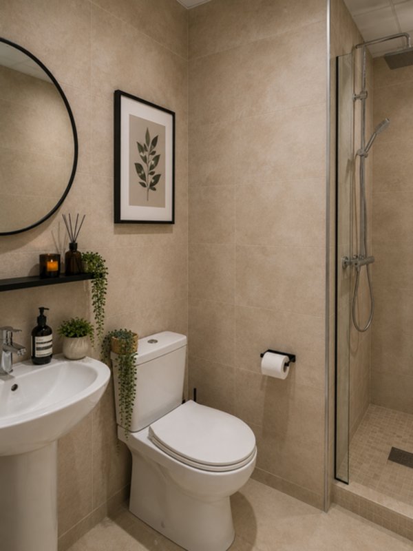 Modern bathroom with white sink, toilet, shower enclosure and round mirror