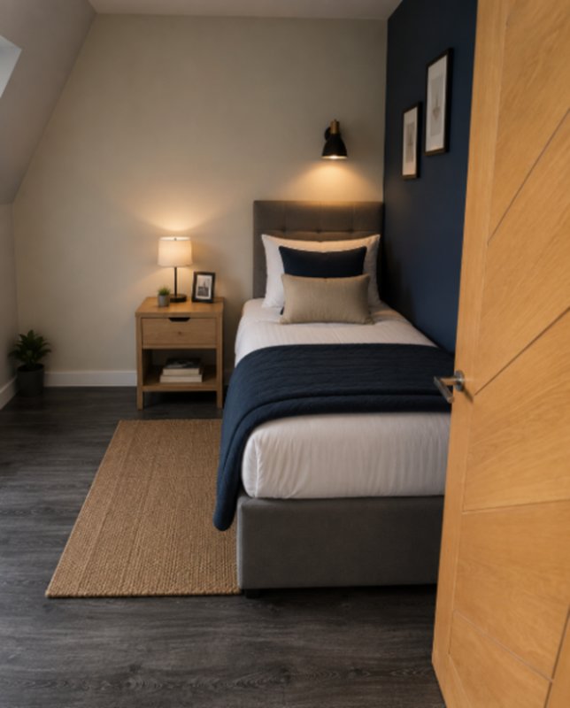 Modern bedroom with single bed, wooden bedside table, pendant light, and dark accent wall