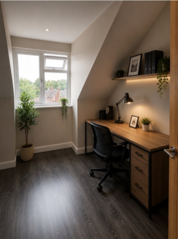 Home office with wooden desk, office chair, shelving, potted plant and window view