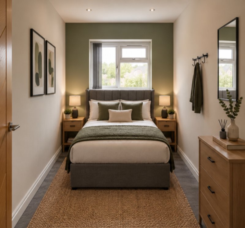 Modern bedroom with double bed, wooden nightstands, large window, and mirror
