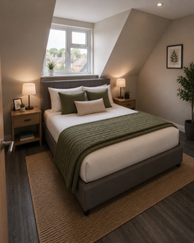 Attic bedroom with double bed, green bedding, wooden nightstands, wall art and window