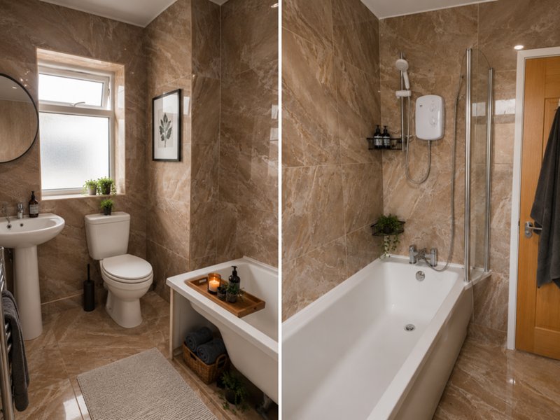 Modern bathroom with brown tile walls, white bathtub, pedestal sink, toilet and shower enclosure