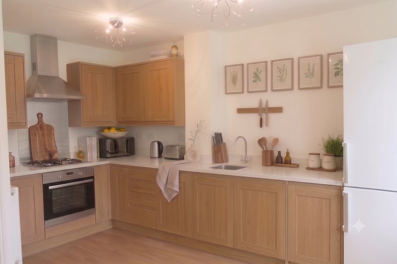 Modern kitchen with wooden cabinets, white countertops, stainless steel appliances and dining island