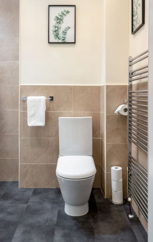 Modern bathroom with toilet, towel rail, white sink and botanical wall art
