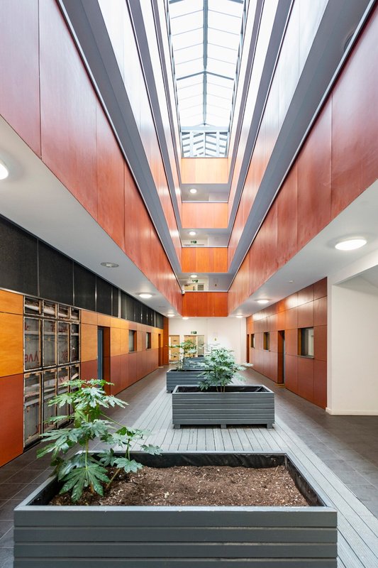 Modern interior hallway with skylights, orange-red walls, planters, and contemporary architectural design
