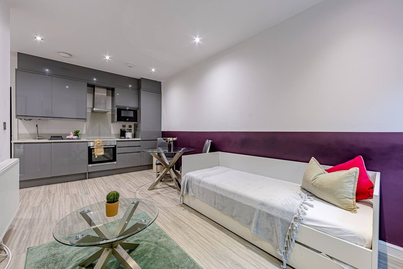 Studio apartment with bed, kitchenette, dining area and glass coffee table