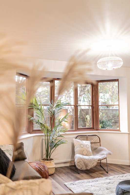 Bright living room with large windows, potted plant, wicker chair and cushions