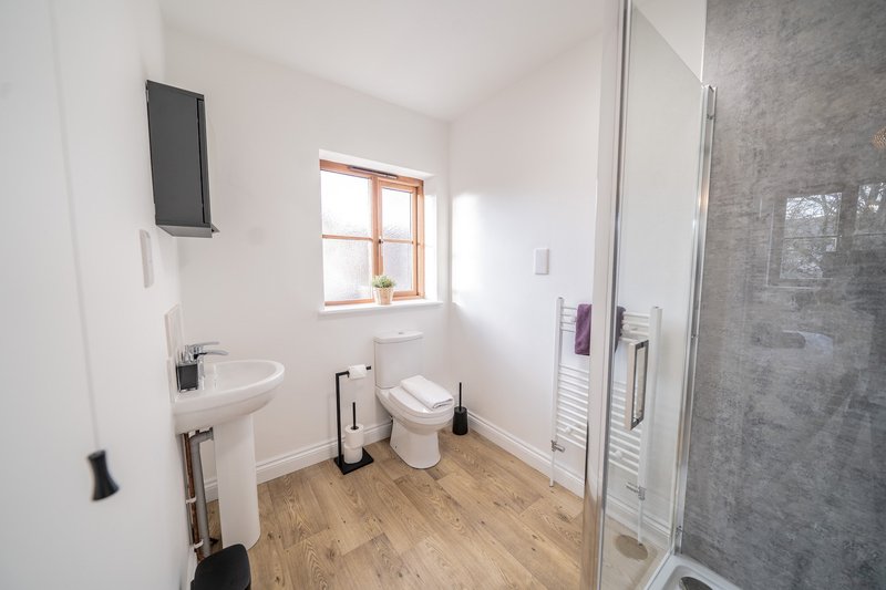 Modern bathroom with pedestal sink, toilet, wooden flooring and walk-in shower