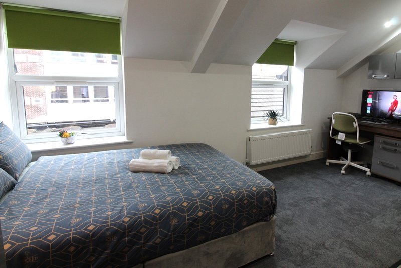 Bedroom with double bed, desk, chair, television and windows with green blinds