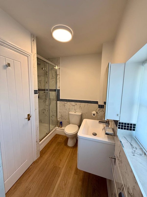 Bathroom with shower enclosure, toilet, vanity sink, and wooden flooring