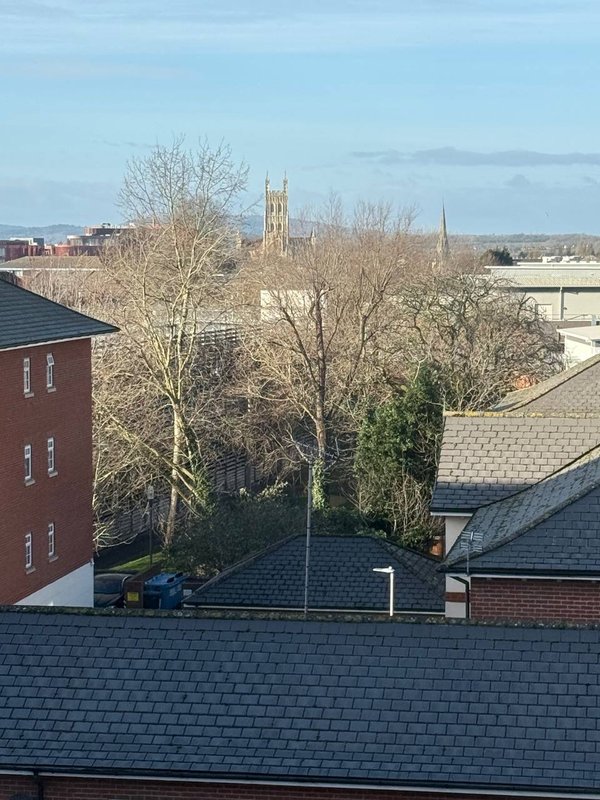 View from window over rooftops and bare trees toward church spire in distance