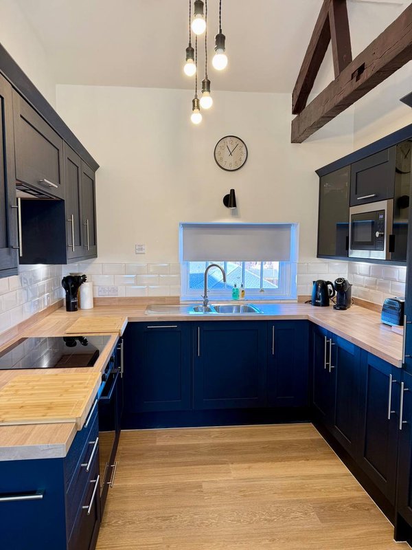 Modern kitchen with dark blue cabinetry, wooden countertops, stainless steel appliances and pendant lighting