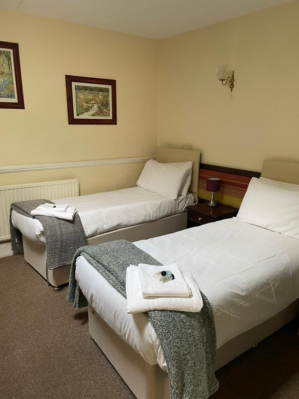 Twin bedroom with two single beds, white bedding, green throws, framed artwork and radiator