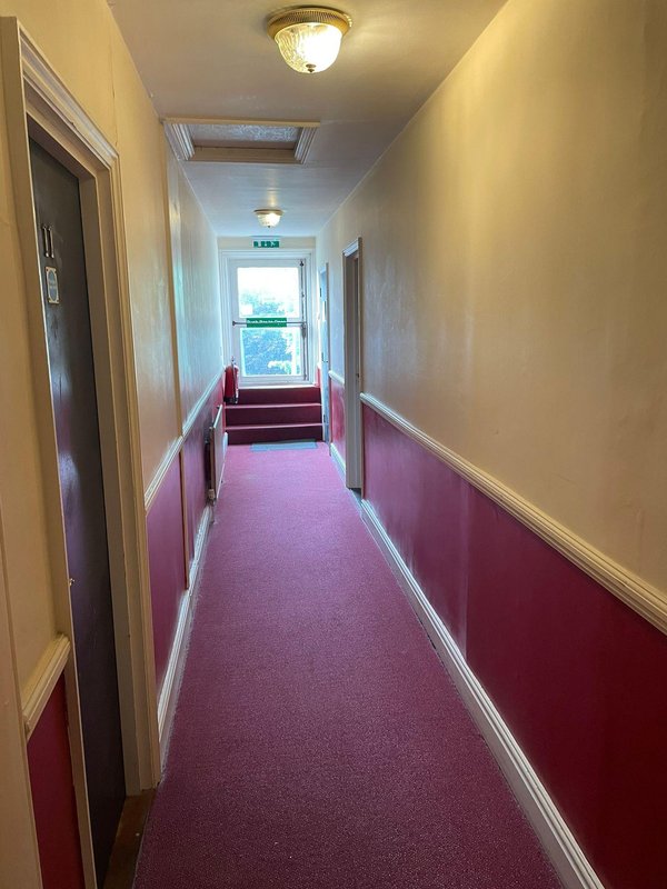 Long corridor with purple carpet, cream and burgundy walls, ceiling lights and doors