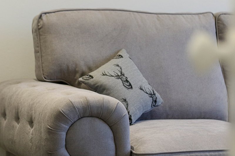 Upholstered armchair and sofa with decorative cushions in neutral tones