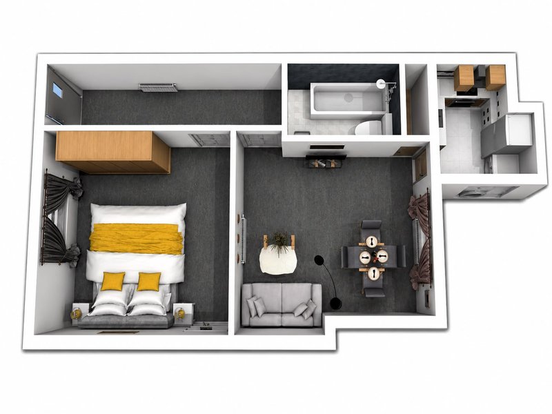 3D floor plan layout showing bedroom, bathroom, kitchen and living area with furniture