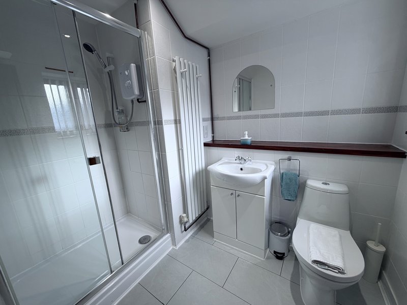 Modern bathroom with walk-in shower, white sink, toilet and tiled walls