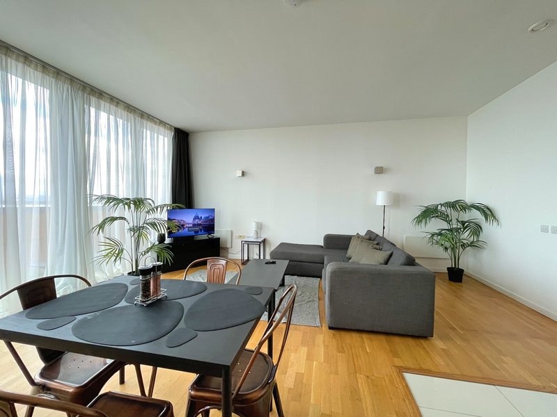 Open-plan living and dining area with grey sofa, wooden dining table, potted plants and floor-to-ceiling windows