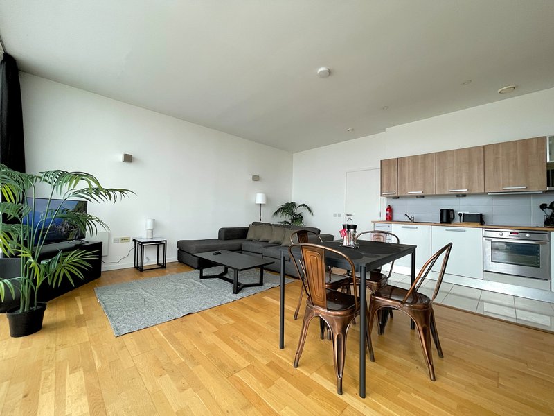 Open-plan living area with sofa, dining table, kitchen, wooden flooring and plants