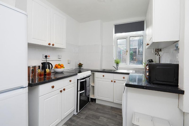 Modern white kitchen with black countertops, built-in appliances, and window overlooking garden