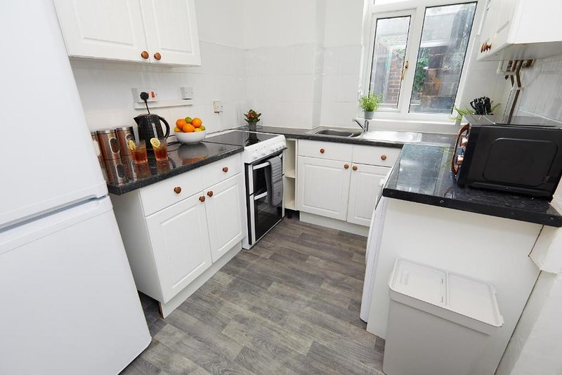 Modern kitchen with white cabinetry, black countertops, stainless steel appliances and window