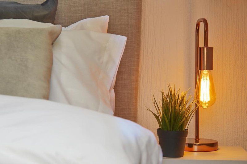Bedroom with white pillows, bedside lamp, potted plant, and warm lighting