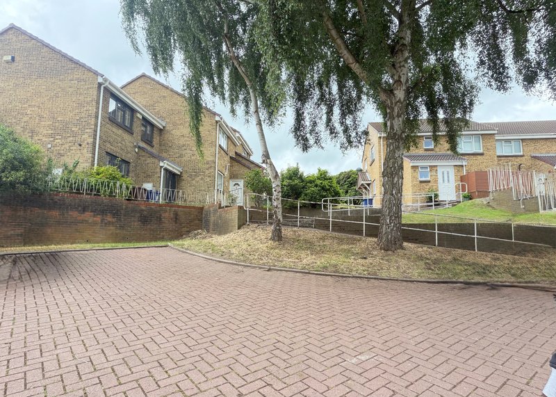 Brick paved driveway with weeping willow tree and residential properties beyond