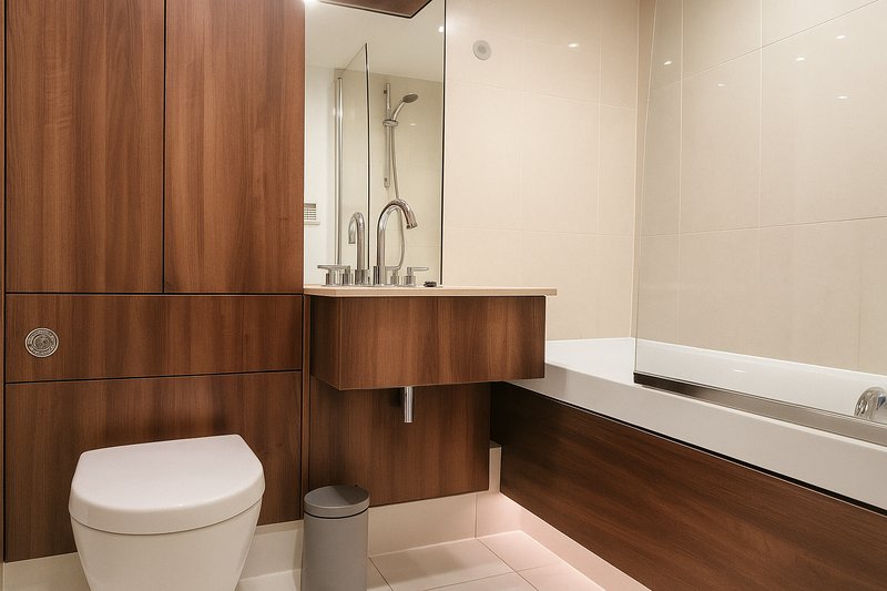 Modern bathroom with wooden vanity, white toilet, mirror and shower enclosure