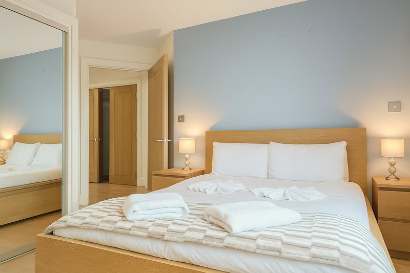 Modern bedroom with double bed, wooden frame, white bedding, and mirrored wardrobe
