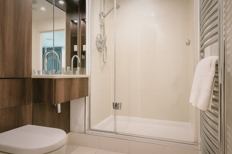 Modern bathroom with toilet, vanity sink, mirror, and walk-in shower enclosure