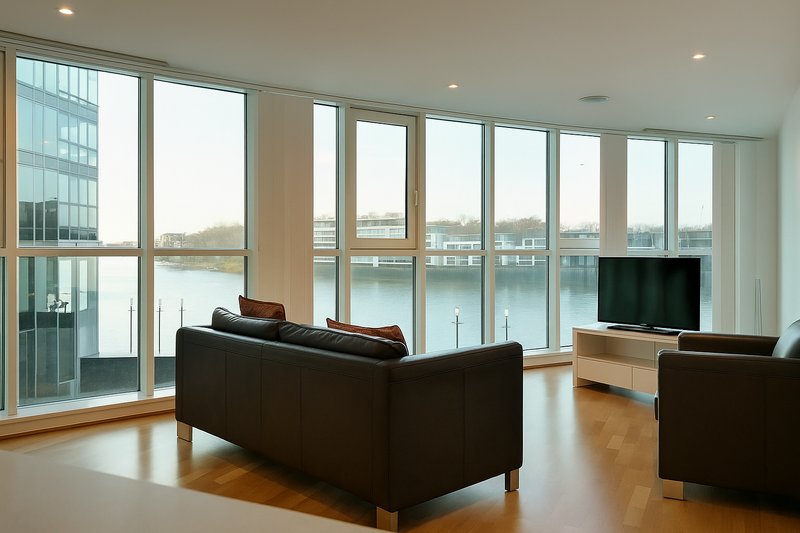Modern living room with black sofa, wooden floor, wall-mounted TV, and floor-to-ceiling windows overlooking water