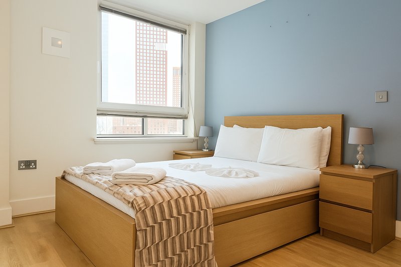 Modern bedroom with wooden double bed, white bedding, striped throw, and bedside lamp