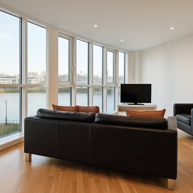 Modern living room with black leather sofa, TV on stand, wooden floor, and floor-to-ceiling windows overlooking river