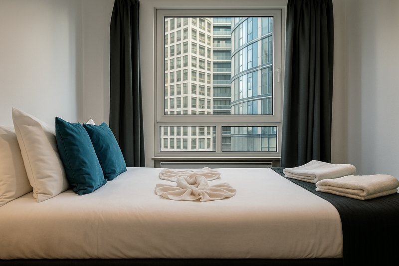 Modern bedroom with white bed, blue cushions, dark curtains and city view
