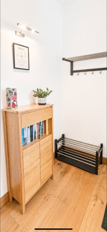 Wooden storage cabinet with shelves, small potted plant, framed picture on wall, and black shoe rack