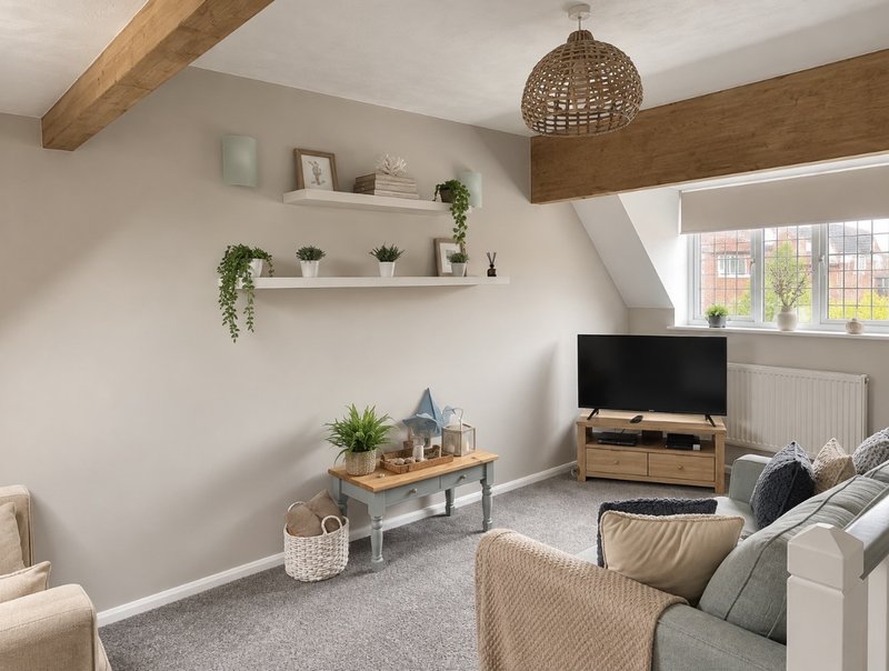 Bright attic bedroom with exposed beams, floating shelves, TV stand and comfortable seating