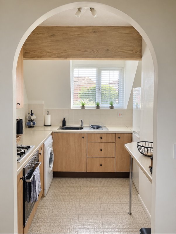 Modern kitchen with wooden cabinetry, white countertops, arched doorway and window with shutters