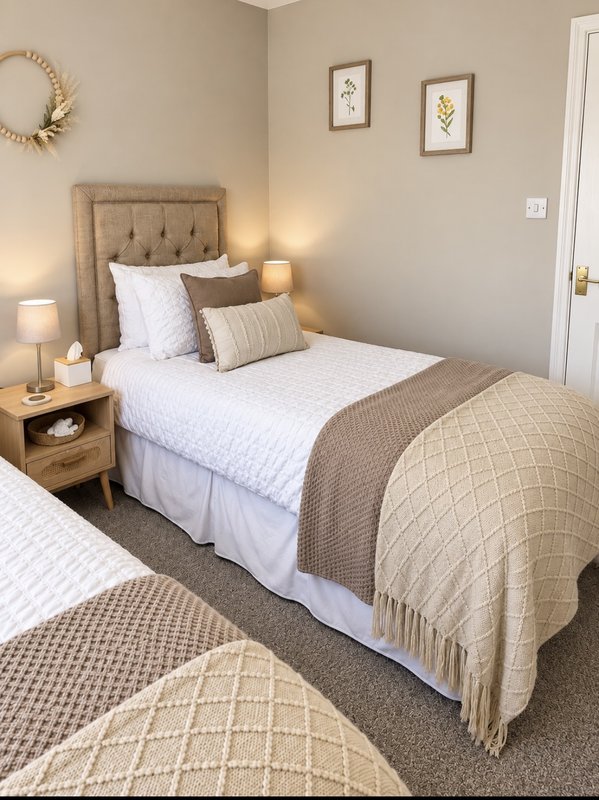 Bedroom with two twin beds, upholstered headboard, wooden nightstands, and neutral decor