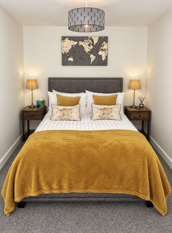 Modern bedroom with double bed, gold bedding, world map artwork, and bedside lamps