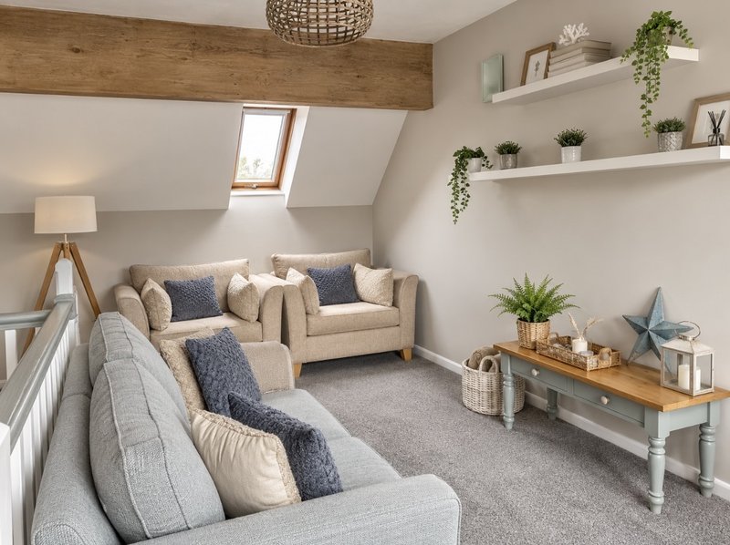 Modern attic sitting room with grey upholstered seating, wooden beams, skylight and floating shelves with plants