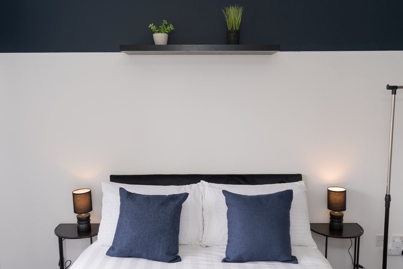Modern bedroom with double bed, blue pillows, bedside lamps and potted plants on shelf