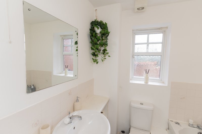 Bright bathroom with round sink, mirror, toilet, window and hanging plant decor